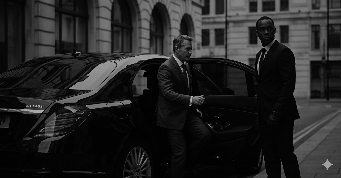 A close protection officer escorting a client from a vehicle